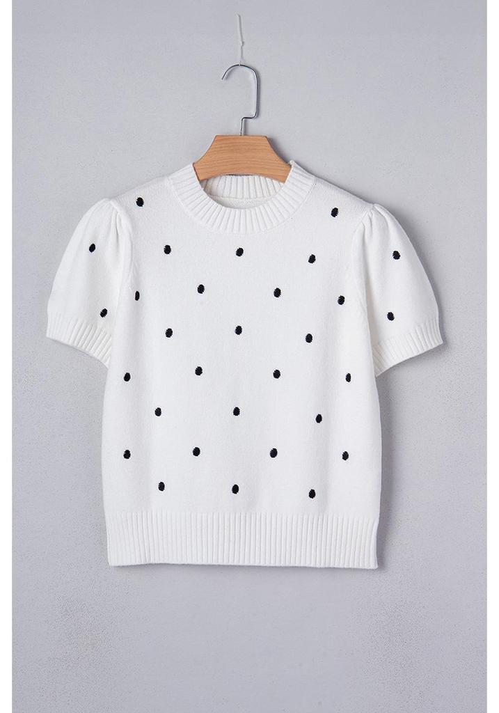 Winter Polka Dot Knit Sweater - Women's Short Sleeve Round Neck European American Fashion