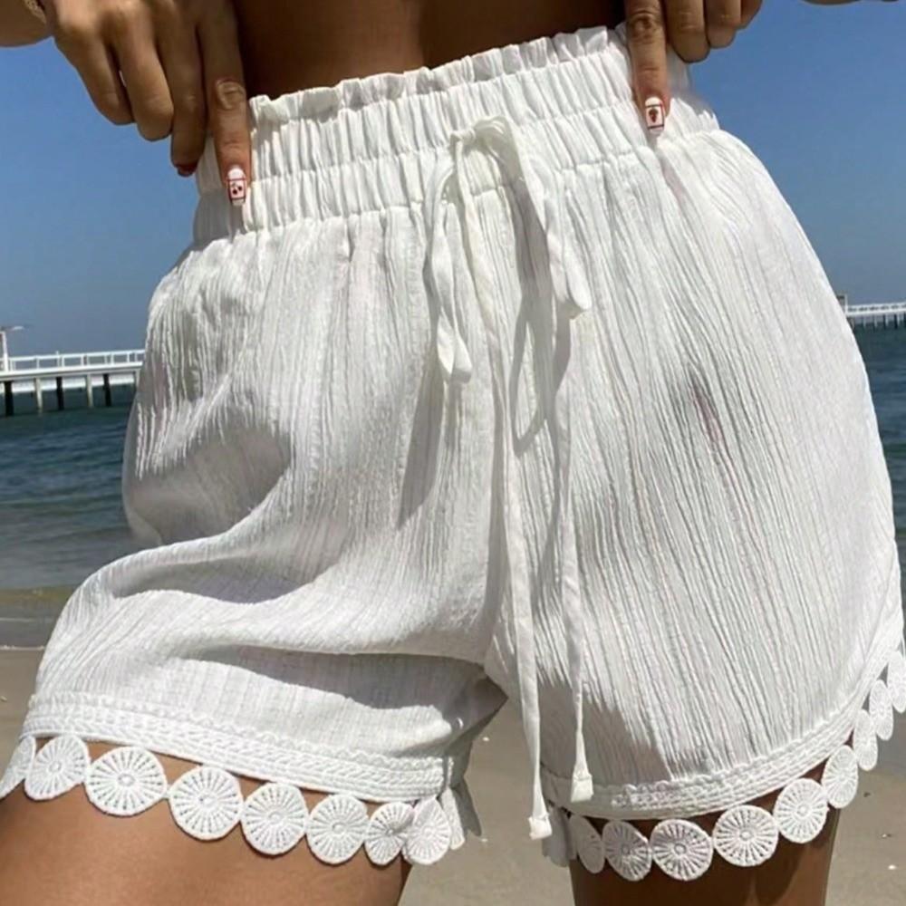 High Waist Beach-Style Shorts Thin Women's Shorts Vintage Lace-Trimmed Shorts Resort Wear
