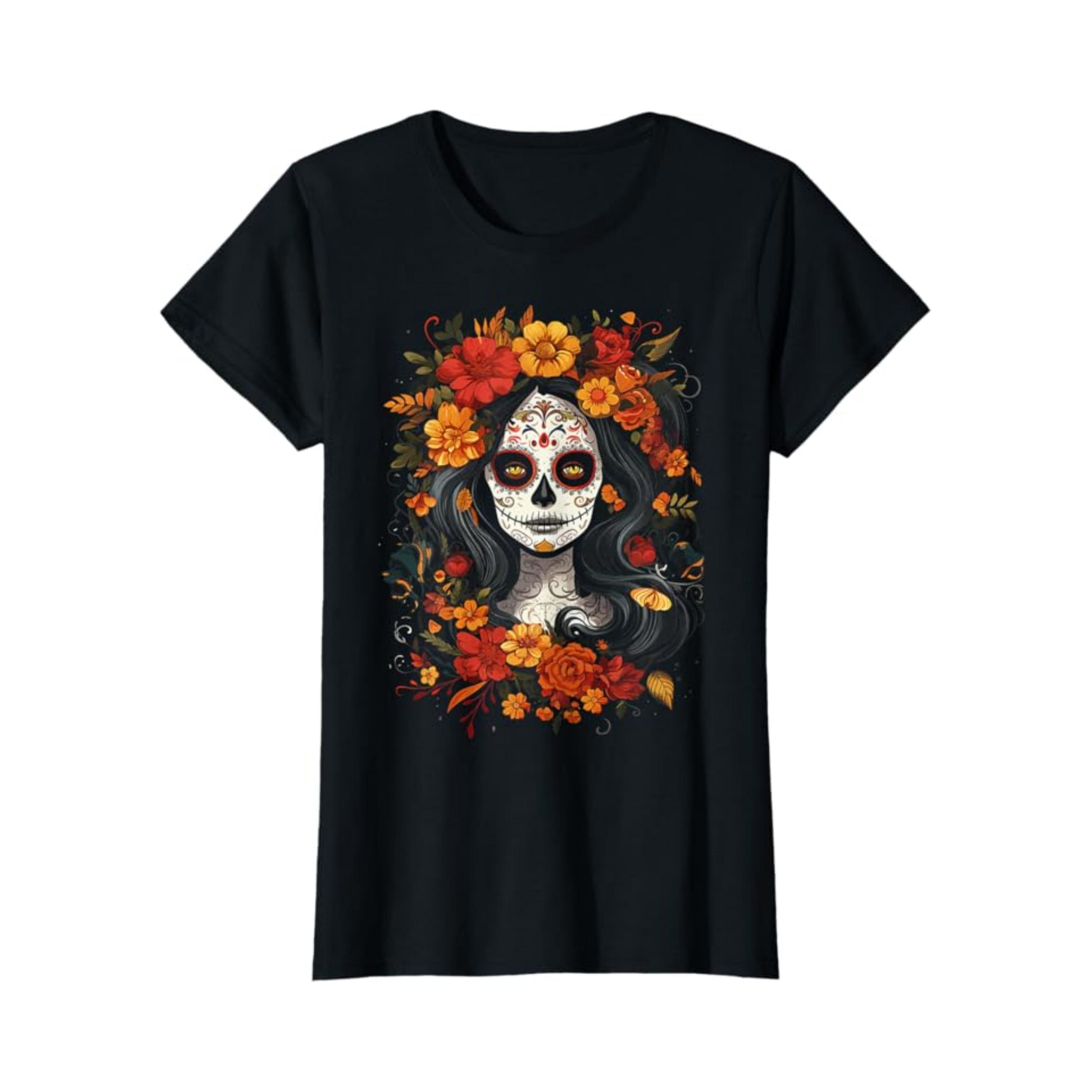 

De Los Muertos La Catrina День Мертвых Сахарный Череп Женская Футболка 100% Хлопок Новая Футболка С Коротким Рукавом Осенняя Футболка Топ 01232 4XL