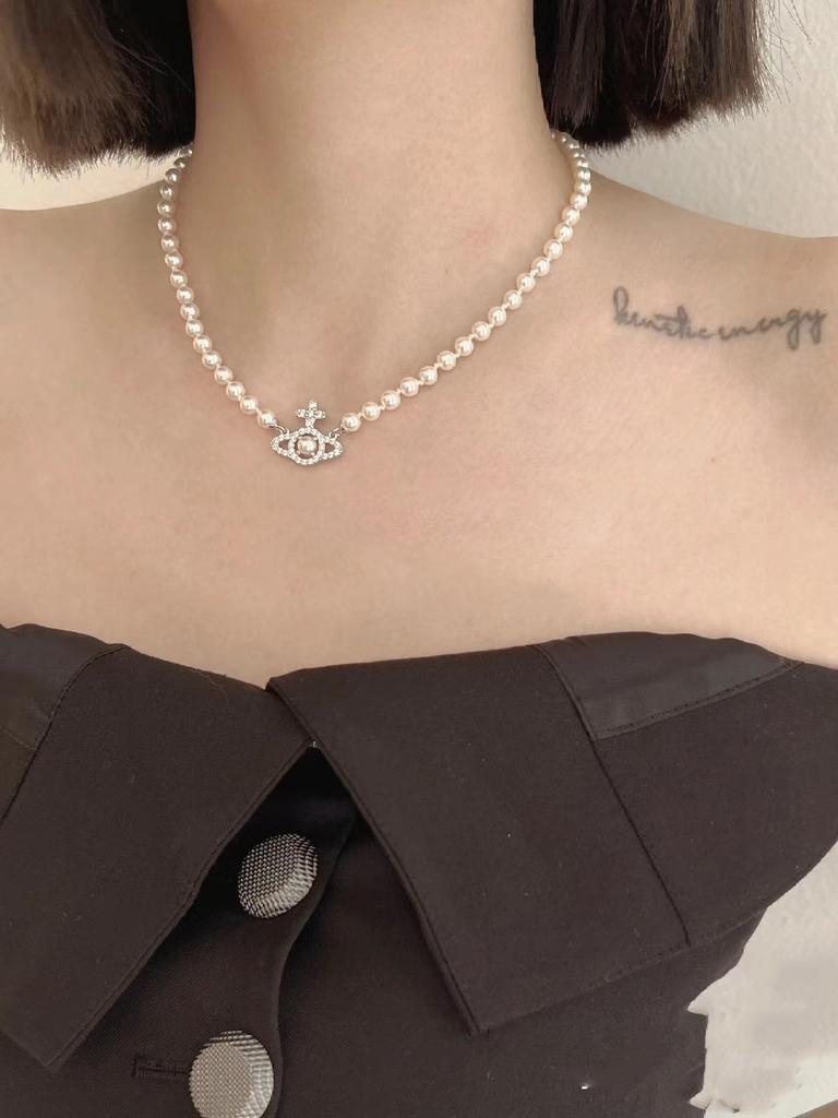 Saturn Pearl Necklace With Cz Microinlay Ushaped Pendant For Elegant Women
