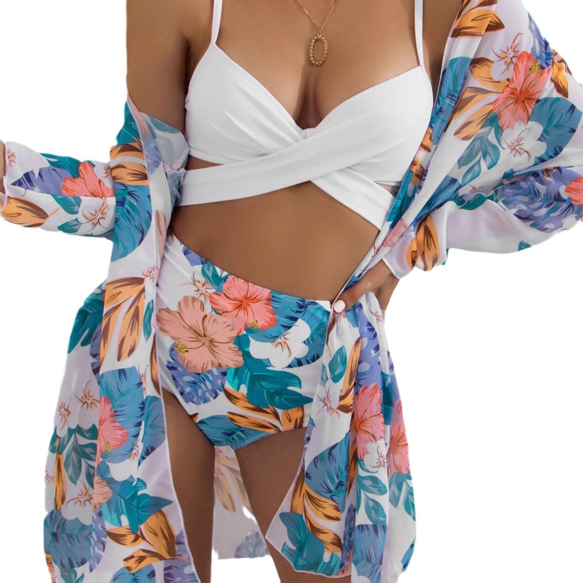 

2026 Swimsuit Female Sexy Bikini Sexy Mesh Sunscreen Split Three-piece Printed Swimsuit XL