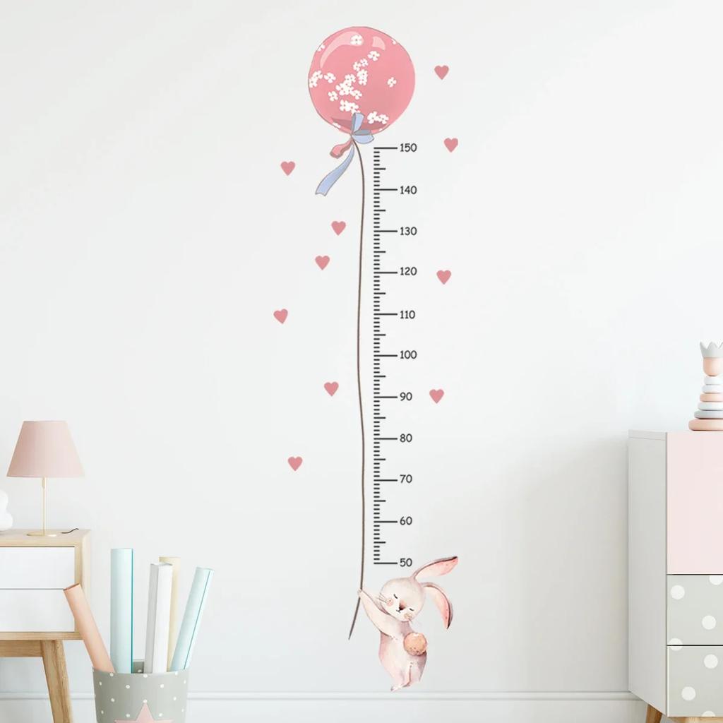 Cartoon Pink Bunny Balloon Height Wall Sticker for Kids Room Ruler Home Decor