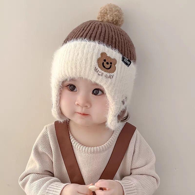 Autumn and winter new cute bear embroidered ear protector outdoor warm boy and girl baby knitted hat children's wool hat