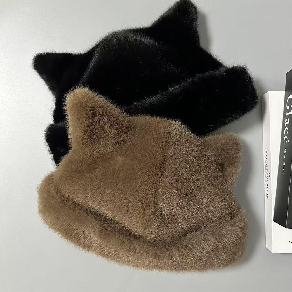 Fashion Warm Winter Hat Thicken Cute Ears Fluffy Fur Bucket Hat Soft Snowy Day Berets Women