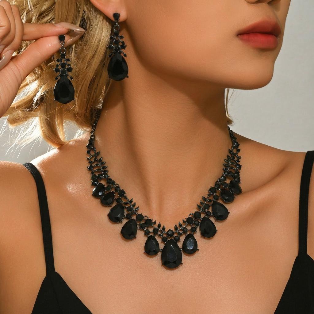 Banquet Ball Champagne Gold Water Drop Jewelry Set Court Style Party Necklace Earrings Dress Match Artifacts