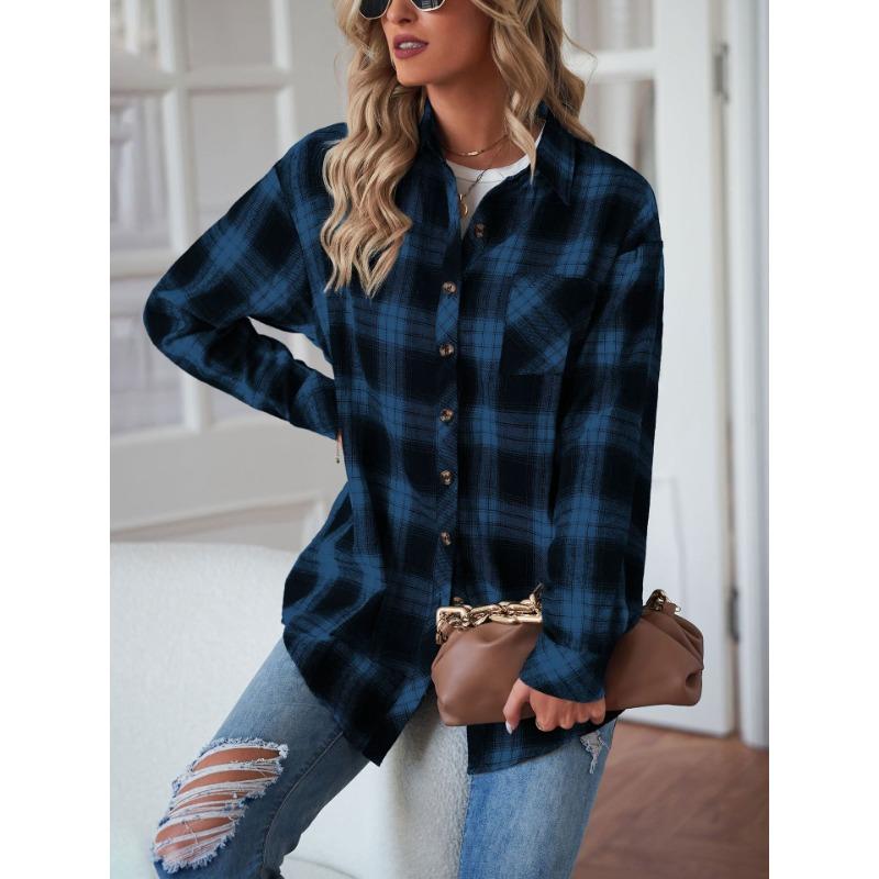 Spring and Autumn Casual Boyfriend Style Loose Plaid Shirts