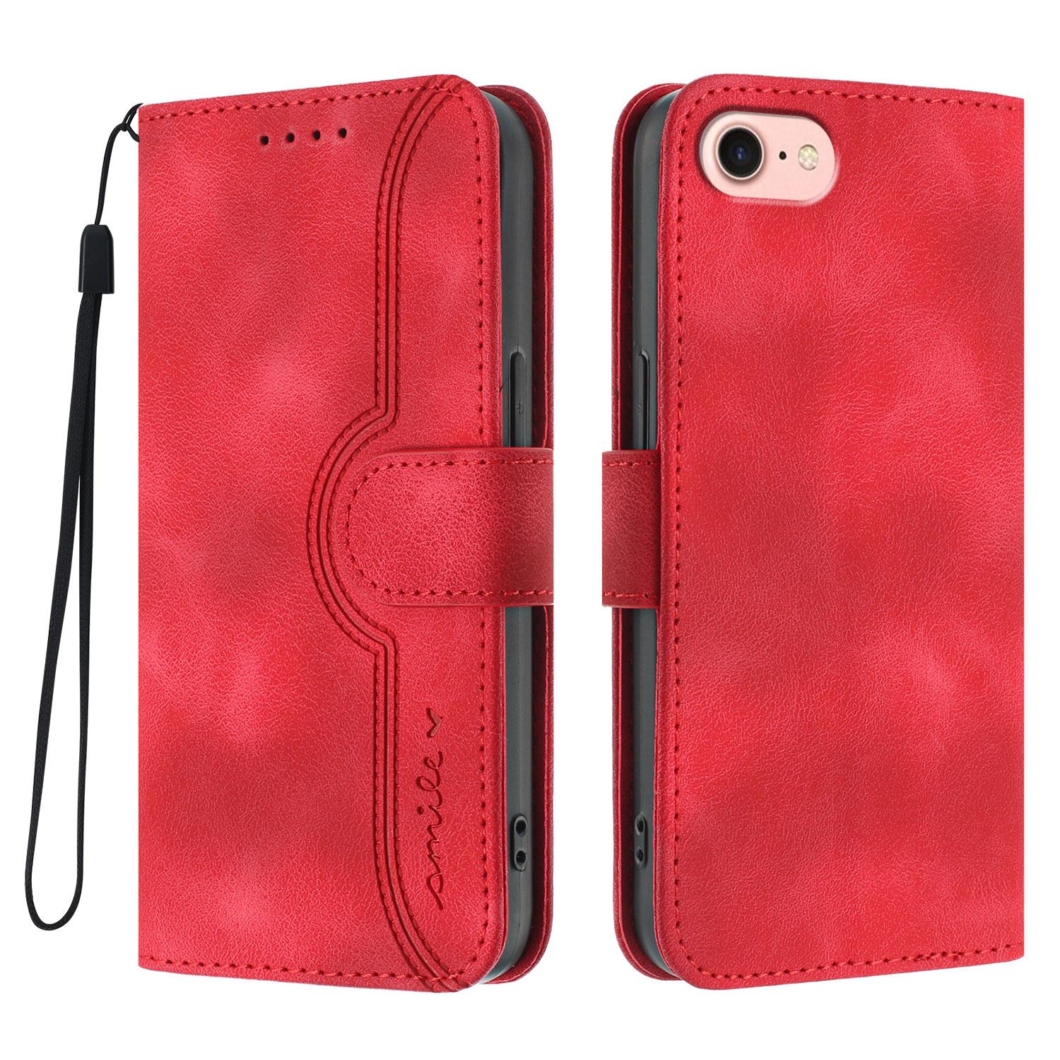 

For iPhone 16e Leather Case Wallet Stand Smile Imprinted Phone Cover with Strap Red