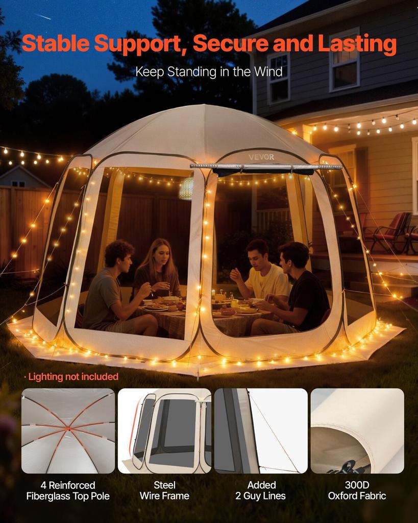 Screen House Tent, 3660 x 3380 x 2300 mm, 10-12 Person Pop Up Screen Tent with Extended Awning, Portable Screened in Canopy with Carry Bag, Netting