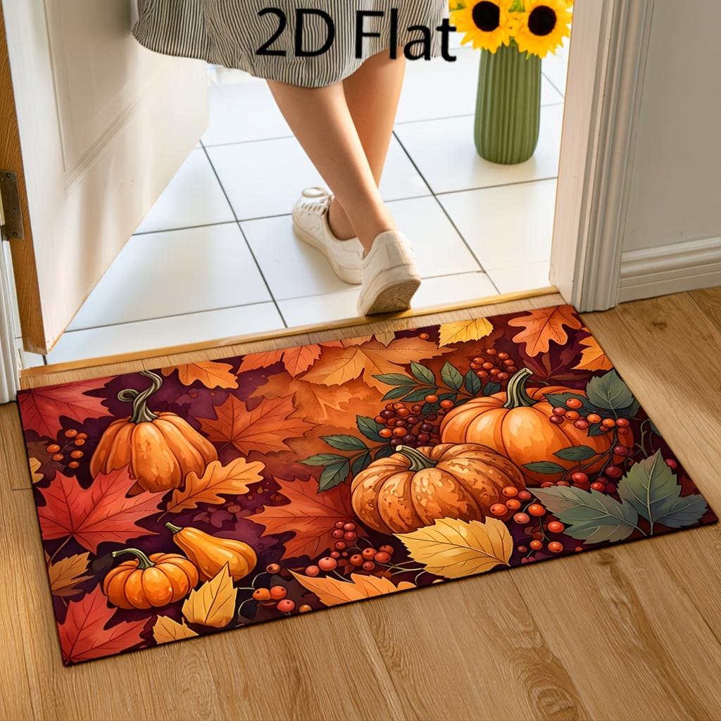 2D Flat Autumn Harvest Theme Welcome Mat, Autumn Thanksgiving Home Decor Door Mat, Maple Pumpkin Berry Pattern Design Indoor Entrance Absorbent Non-Sl