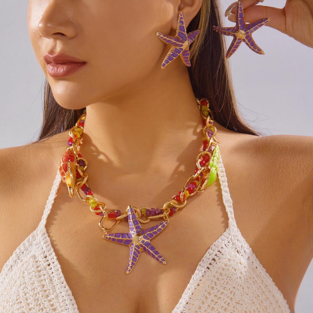Exaggerated Enamel Starfish Conch Pendant Necklace Earrings Set For Women Men Boho Ocean Beach Sea Star Summer Party Jewelry Set