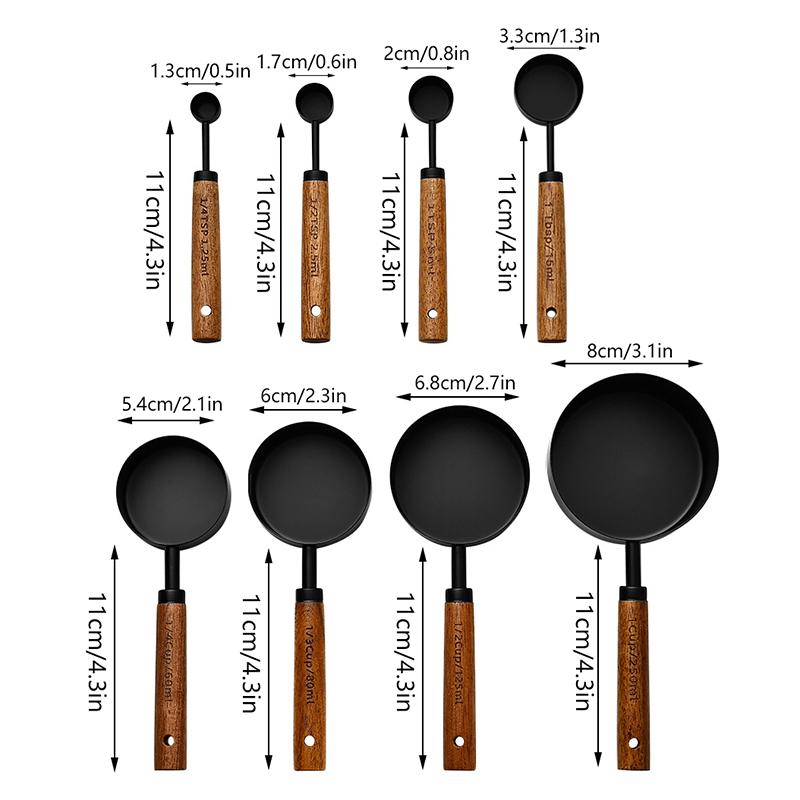 4/8Pcs Wooden Handle Stainless Steel Measuring Cups Spoons Baking Tools Coffee Measuring Spoon Set Bartending Scale Accessories