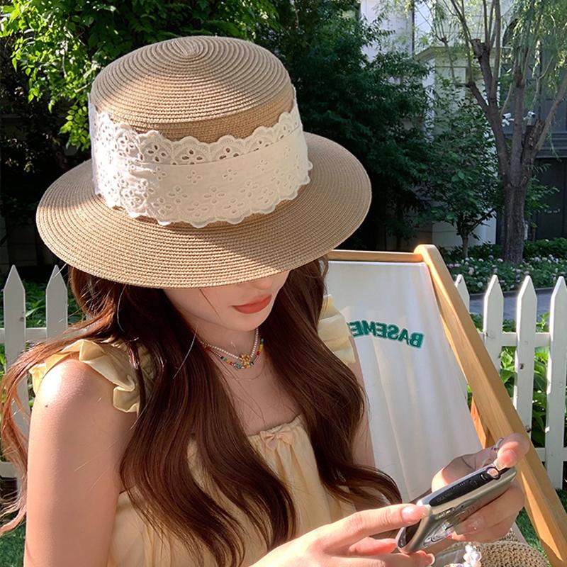 Lace Woven Flat Top Straw Hat Women's Summer Seaside Vacation Beach Sunshade Sun Hat