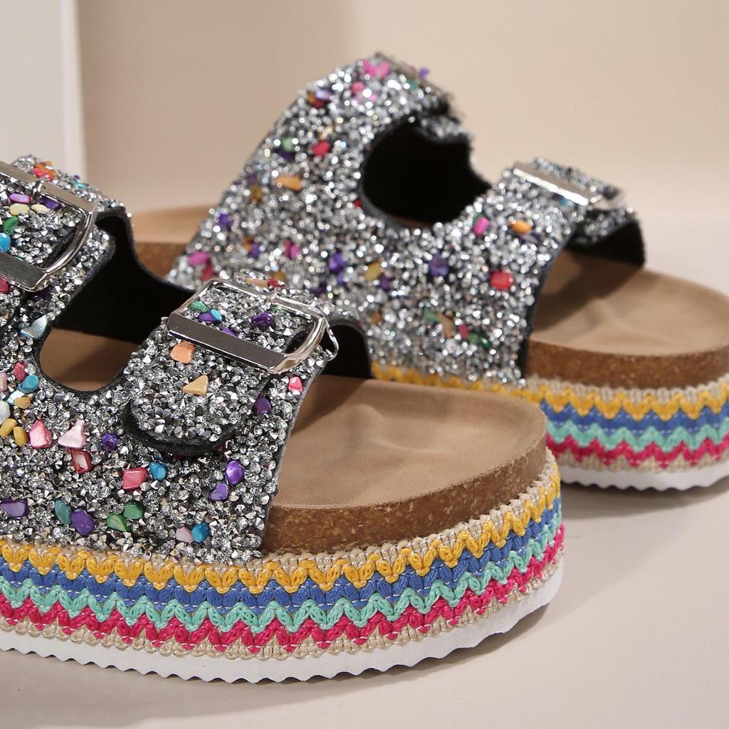 Plus Size Sequin Buckle Cork Slides - Outdoor Double Buckle Sandals