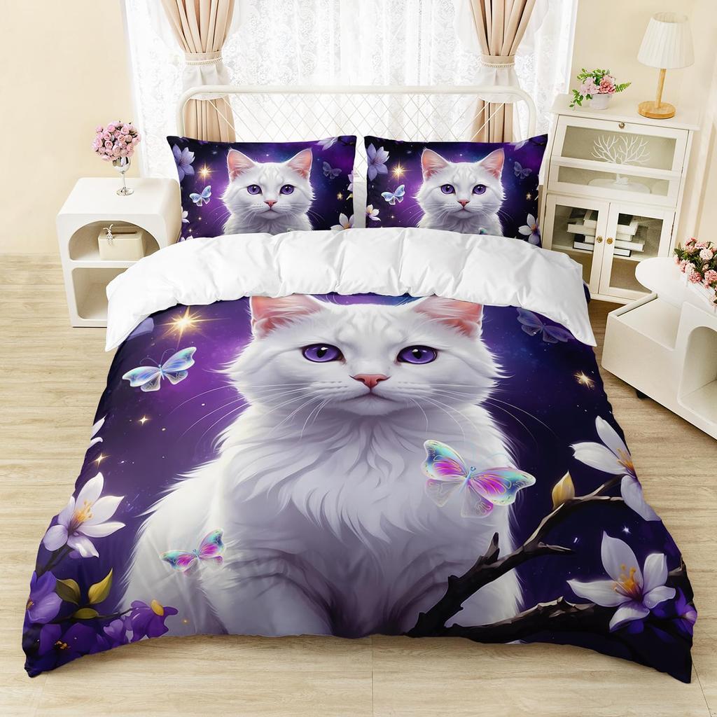 Cat and Flowers Duvet Cover Queen King Size Lightweight Quilt Cover with 2 Pillowcases Spring Animal Themed Bedding Set No Quilt