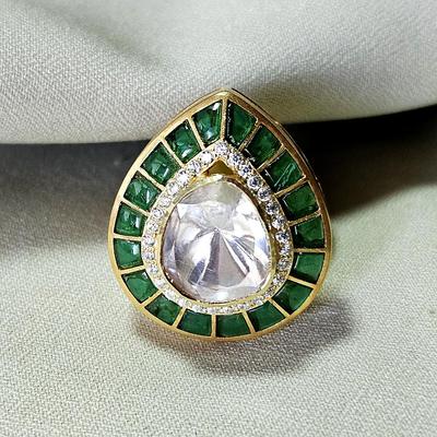 Gold Plated 925 Sterling Silver Ring, Handmade Kundan Jewelry with Moissanite Stone for Women