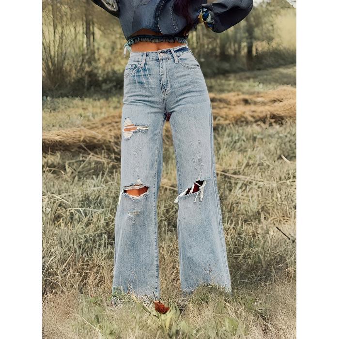 2025 Women s Casual European & American Street Style Ripped Jeans XS небесно-голубой