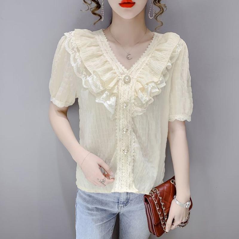 Female Summer Solid Colour Casual Short-sleeved T-shirt Fashion Lace Ruffle Top Temperament Sweet Chiffon V-neck Shirt