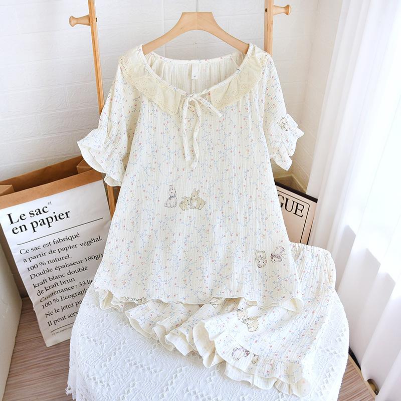 Summer new pajamas pure cotton cotton yarn floral short-sleeved shorts women's suit can be worn outside loose loungewear