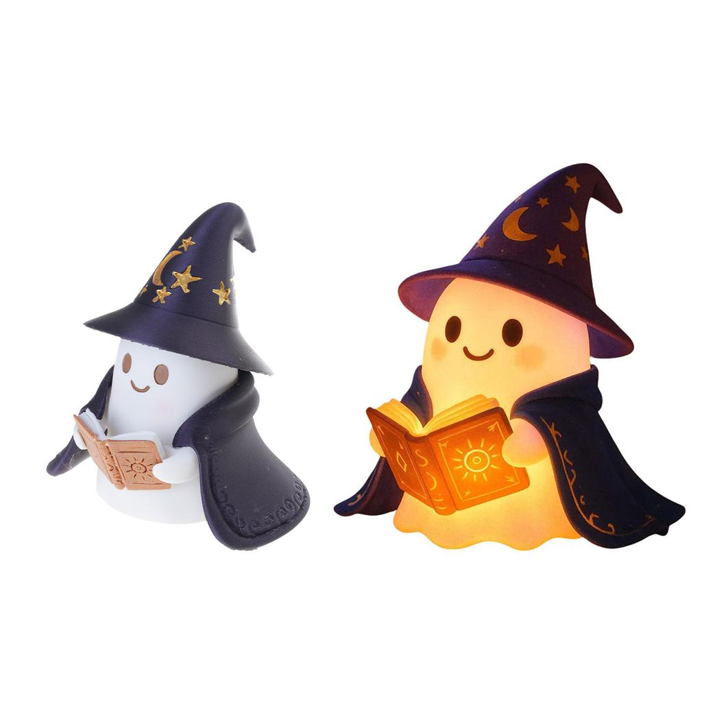 Cute Ghost Wizard Reading Book LED Night Light Halloween Home Decor Portable Resin Craft for Book Lover Bedside Ambiance