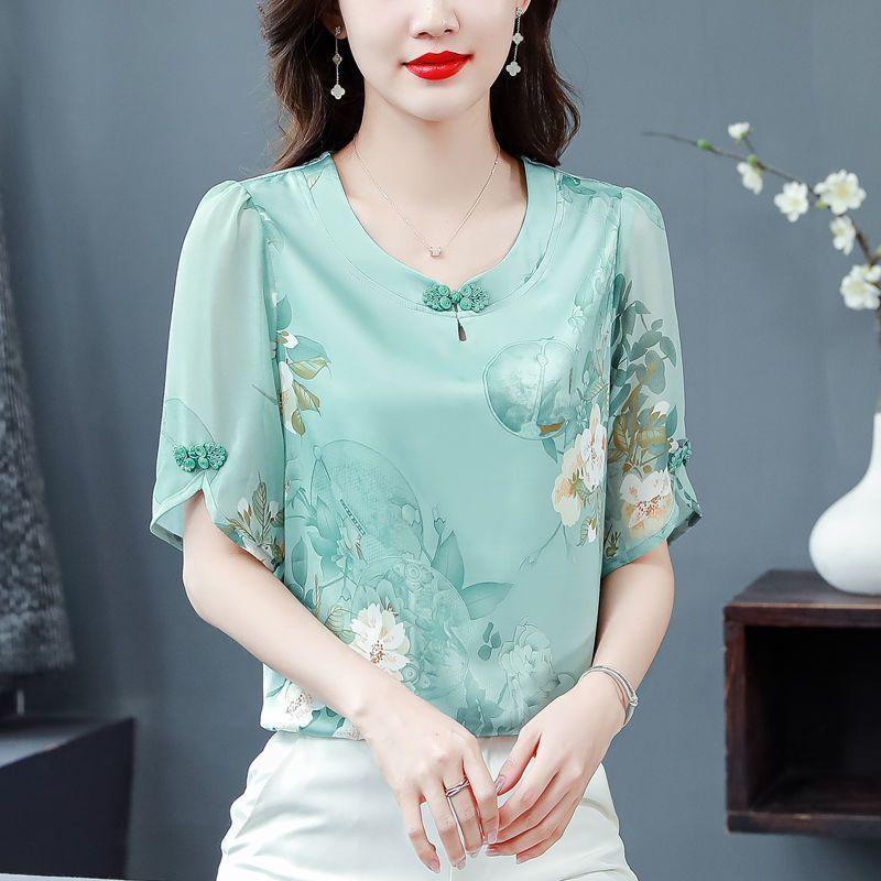 Dámská mátově zelená šifonová halenka s květinovým potiskem, poloviční rukáv, čínský styl, výstřih do V, ležérní top