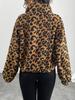 Women's Leopard Print Long Sleeve Fleece Short Coat Autumn Winter Loose Casual Zipper Jackets Halter Neck Outerwears