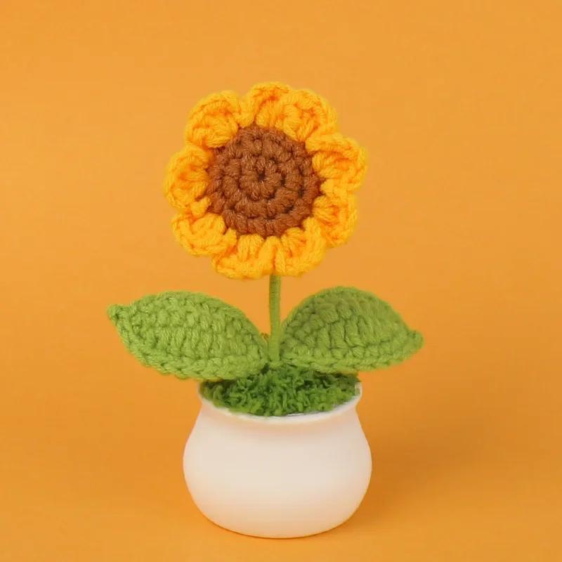 

Cute Knitted SunFlower Pots Crochet Flower Creative Artificial Flowers Graduation Flower Car Home Decor Gift