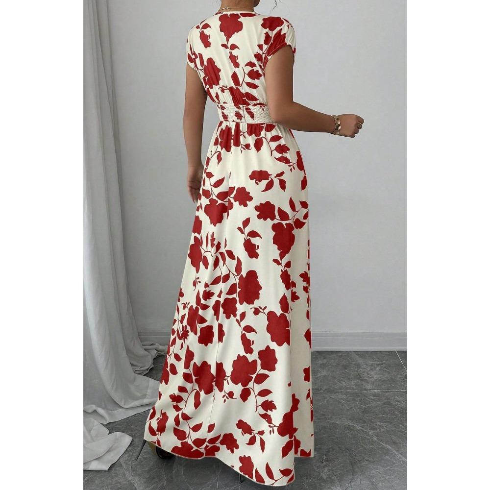 Nuevo Vestido Largo Estampado de Verano con Cuello en V y Manga Corta con Lazo para Mujer Cintura Ajustada