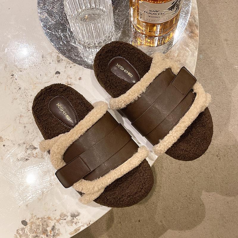 

осень-зима 2025 новая шерстяная обувь нишевая овечья шерсть высококлассная толстая подошва верхняя одежда ретро пряжка ремня хлопковые тапочки женские 40 темно-коричневого