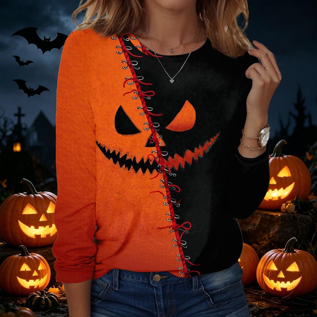 Women's Long Sleeve Pullover Sweatshirt Halloween Print Round Neck Casual Top Lightweight Comfortable Fit
