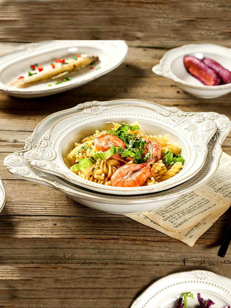Household ceramic relief deep plate, soup plate, European-style steamed dishes, round large plate rice bowl soup bowl flat plate