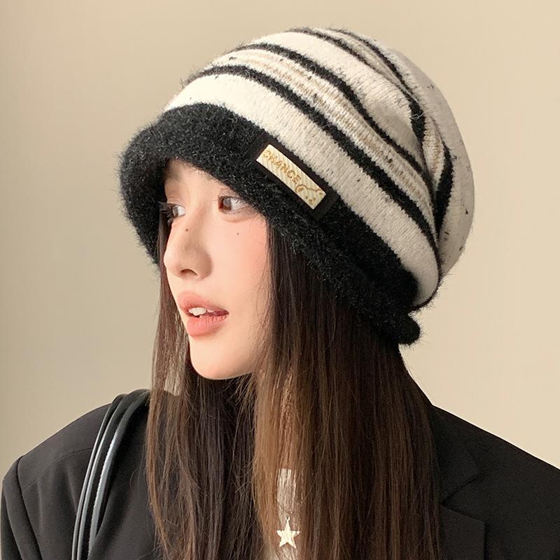 

Autumn and winter hats women s striped knitted hats big head circumference showing face small stacking hats versatile warm windproof cold hats One Size