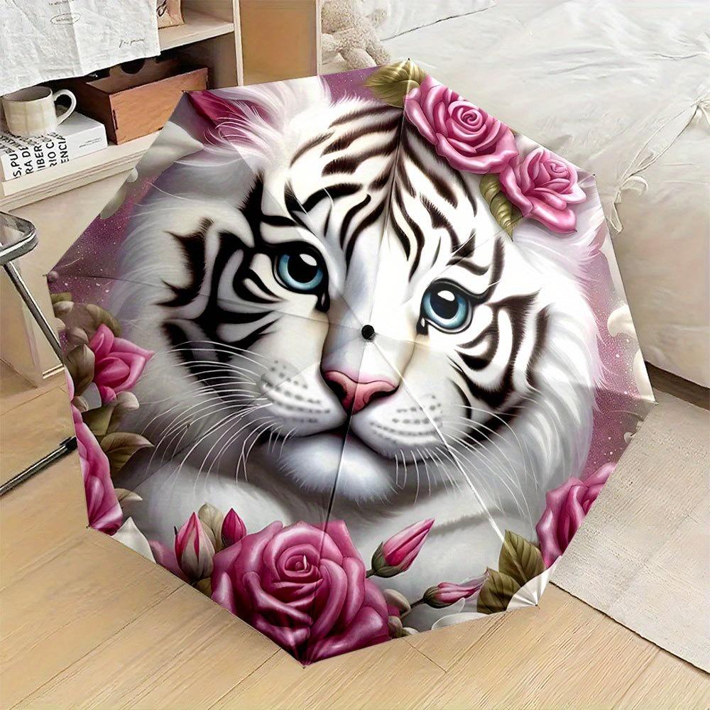 

Folding Umbrella The umbrella features a detailed white tiger surrounded by pink roses. Fits Travel, Backpack, Holiday Gift. (as the picture,Iron&8K)