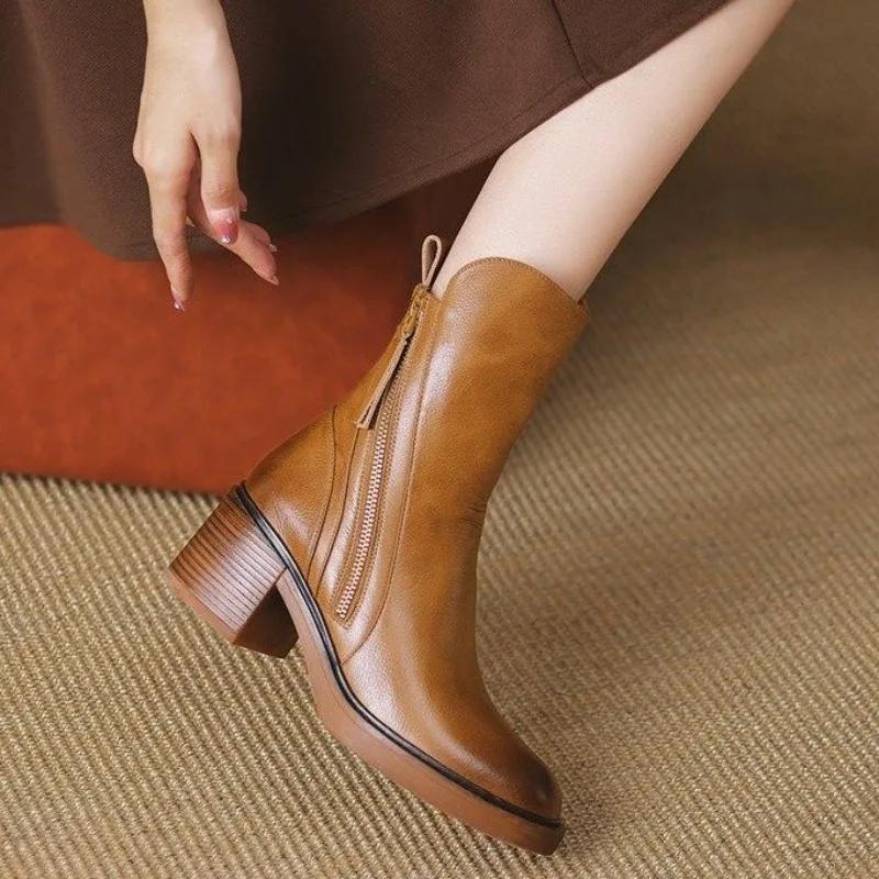 Retro-Stil Mittelhohe Martin-Stiefel mit seitlichem Reißverschluss, dicker Absatz, Damen Herbst Neu Zapatos De Mujer