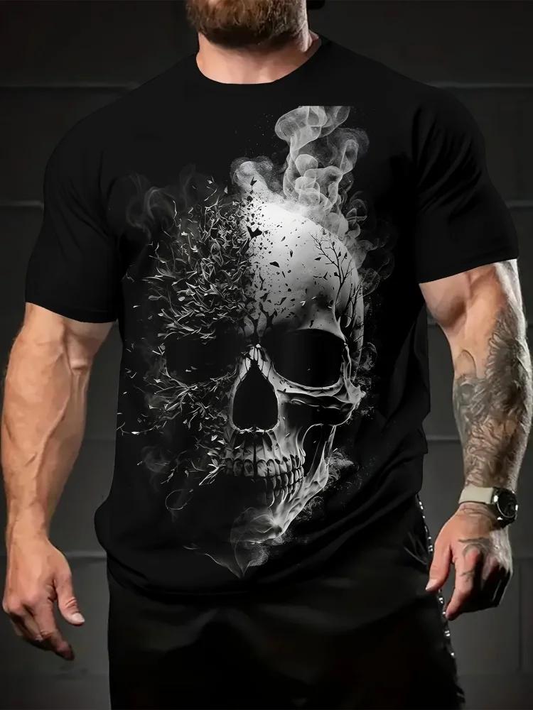 Street Style Koszulka z nadrukiem czaszki 3D Letnia Codzienna Spersonalizowana Hip Hop Okrągły dekolt Góra Męska Codzienna Moda Fitness Krótki rękaw Odzież męska