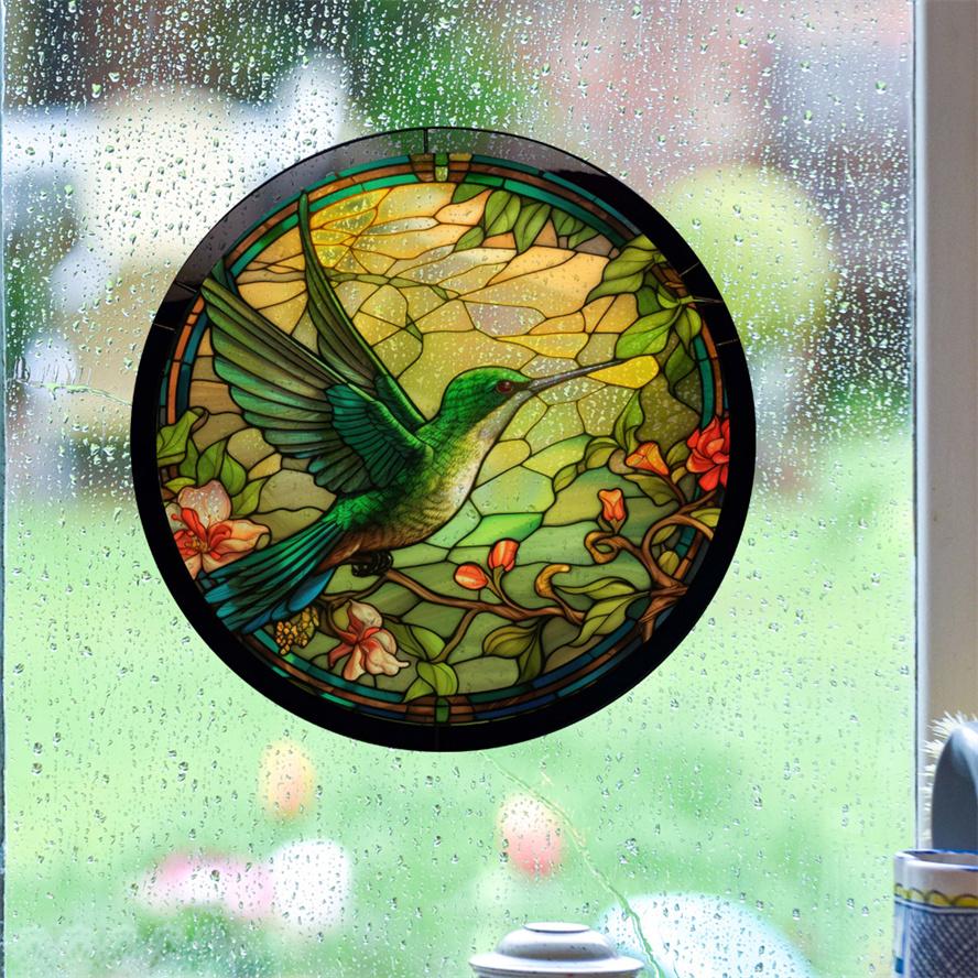 New Antique Color Dyed Hummingbird Iris Japonica Window Glass Electrostatic Sticker Detachable Decorative Film Home Decorations