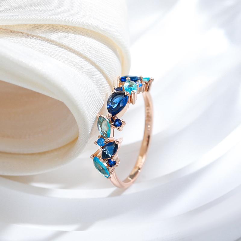 New  Rose Gold Color Ring For Women Luxury Blue Natural Zircon Leaf Ethnic Wedding Jewelry Daily Party Accessories