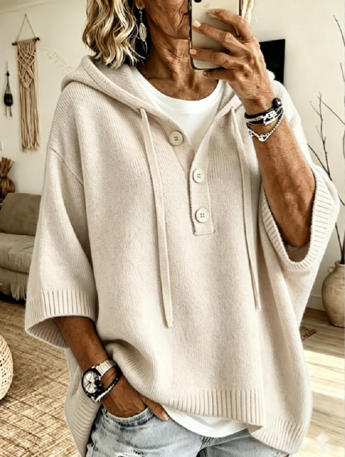 2026 Women's Autumn and Winter New Sweater European and American Button Knitted Hooded Half Open Button Lazy Wind Solid Color Versatile