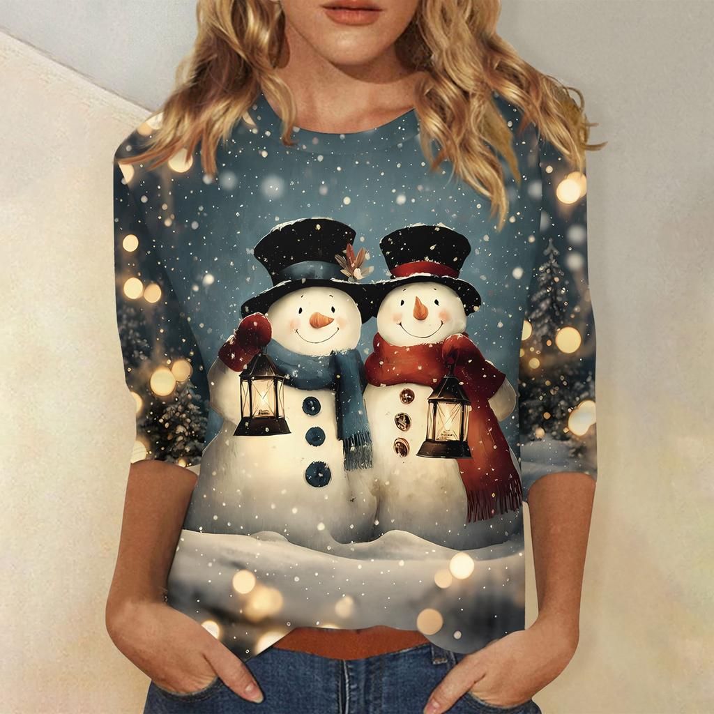 Women's Fashionable Casual Three Quarter Sleeve Christmas Printed Collar Pullover Top