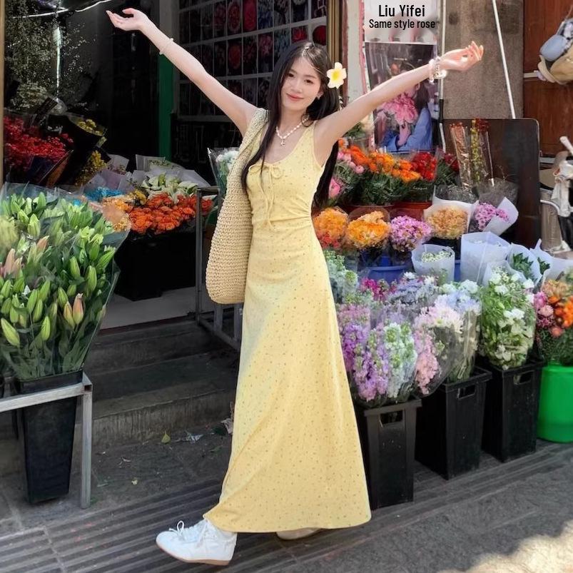 Yellow Floral Spaghetti Strap Slim-Fit Maxi Dress - Women's Japanese Sweet Style Summer Sleeveless Tank Dress