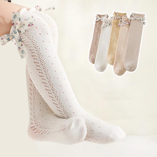 

1 пара эластичных хлопковых носков для младенцев с цветочным декором и бантом, сетчатые носки до колена для маленьких девочек для повседневной носки жёлтый