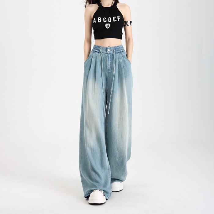 Tencel Lyocell Elastic Waist Wide-Leg Cool Denim Pants XL