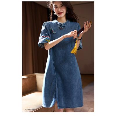 Temperament Schnalle Denim Kleid frauen Frühjahr Neue Kurzarm Rock Neue Chinesische Große-größe frauen Kleidung