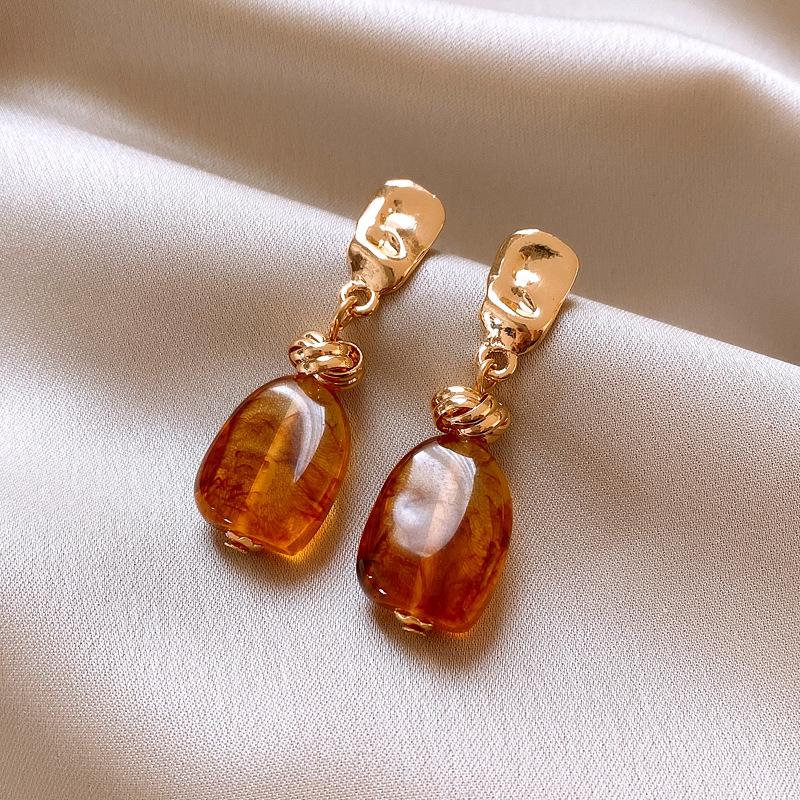Love Geometric Artificial Tiger's Eye Stone Stud Earrings Retro Maillard Earrings Light Luxury Earrings