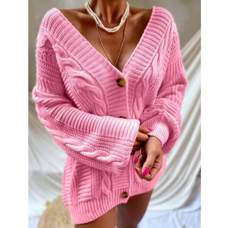 

Autumn Winter V Neck Knitting Cardigan Twist Women Sweater Casual Fashion Long Sleeve Retro Loose Casual Jacket Woman Solid Color Elegant Clothing One size рожевий