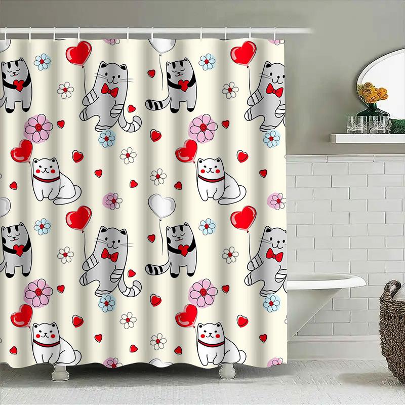 

Vibrant Cats Shower Curtain Romantic Valentine S Day Decor For Bathroom Home Decoration W60H190(CM)-1 Pcs