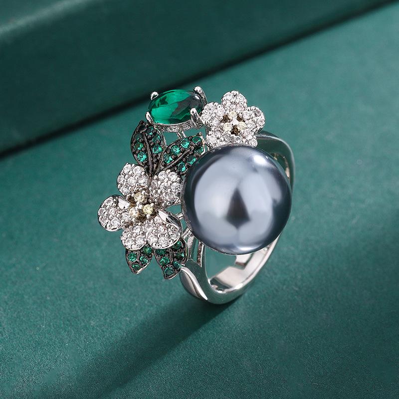 

Jewelry Ring Pearl European and American Fashion Diamond White Bead Flower Opening Zircon Women s