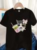 Unisexs Tshirt With Cute Cat Drinking Milk Tea Patternsummer Shirt Birthday Party Tops Or Everyday Play Outfiplayful Design