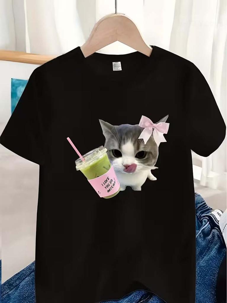 Unisexs Tshirt With Cute Cat Drinking Milk Tea Patternsummer Shirt Birthday Party Tops Or Everyday Play Outfiplayful Design