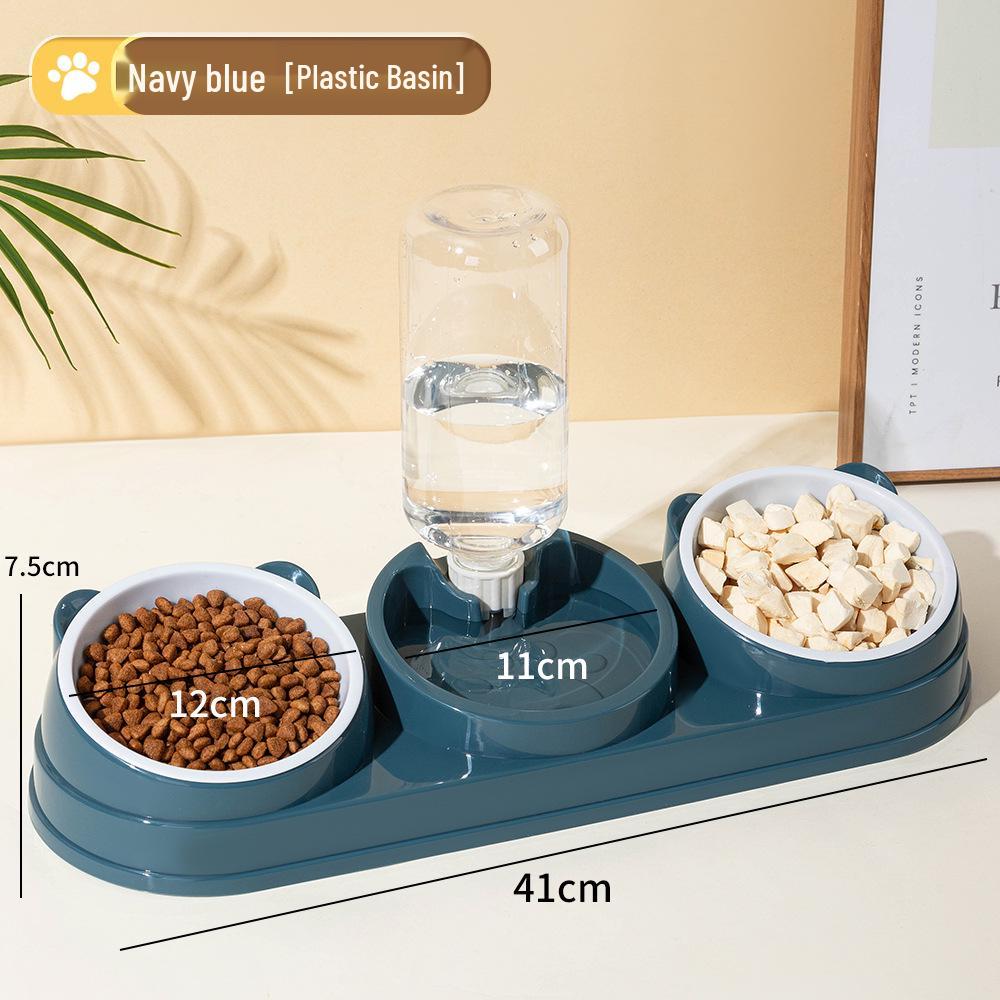 Slanted Cat & Dog Feeding Bowl with Automatic Water Refill - Stainless Steel Double Bowl & Dispenser.