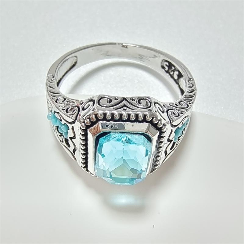 Accessories Geometric Square Aquamarine Zircon Ring For Women Vintage Textured Punk Hip Hop Ring For Men